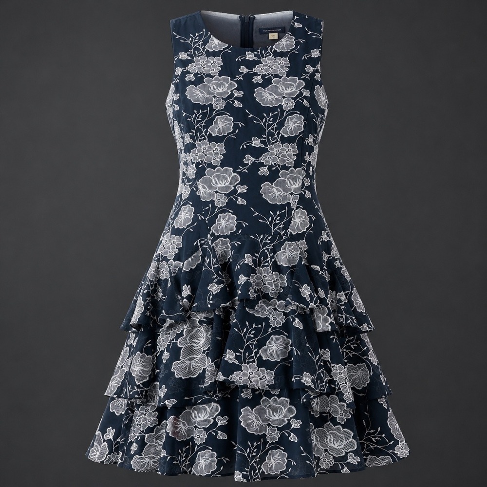 Tommy Hilfiger Tiered Ruffle Dress Womens 12 Navy Blue Floral Chiffon A8SG2E1H